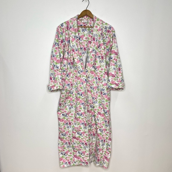 Dior Other - Vintage Christian Dior White Flannel Long Bathrobe Pink and Purple Floral sz M